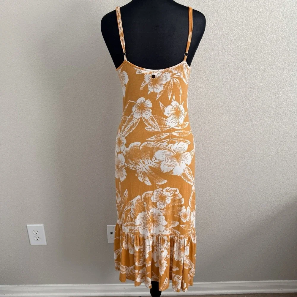 Roxy XS Seaside State Midi Dress Floral Tropical Buttons Ruffle Vacation Resort - Picture 2 of 9